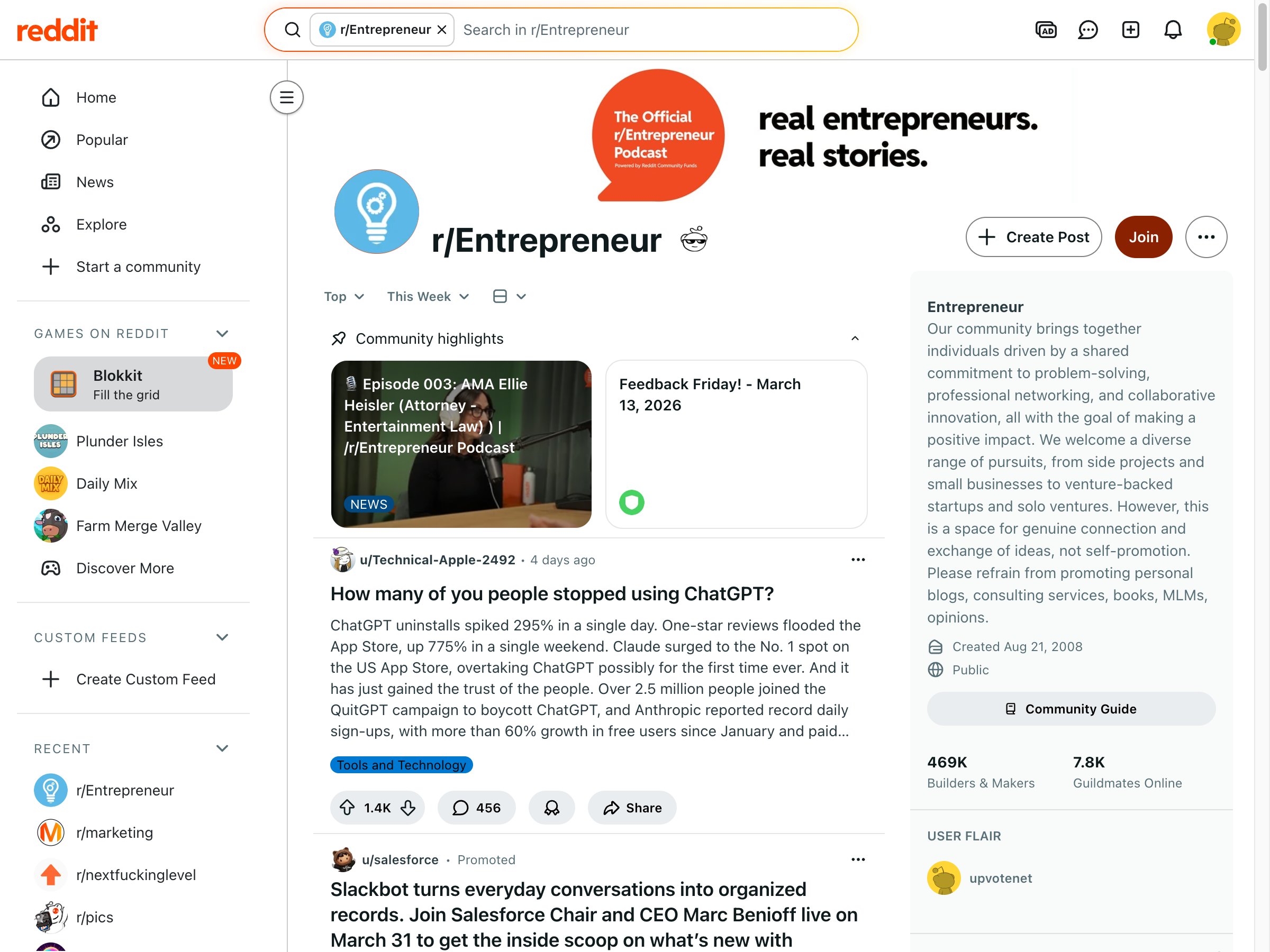 r/Entrepreneur subreddit showing a top post with 1.4K upvotes and 456 comments, demonstrating the built-in audience that exists in active Reddit threads for comment marketers