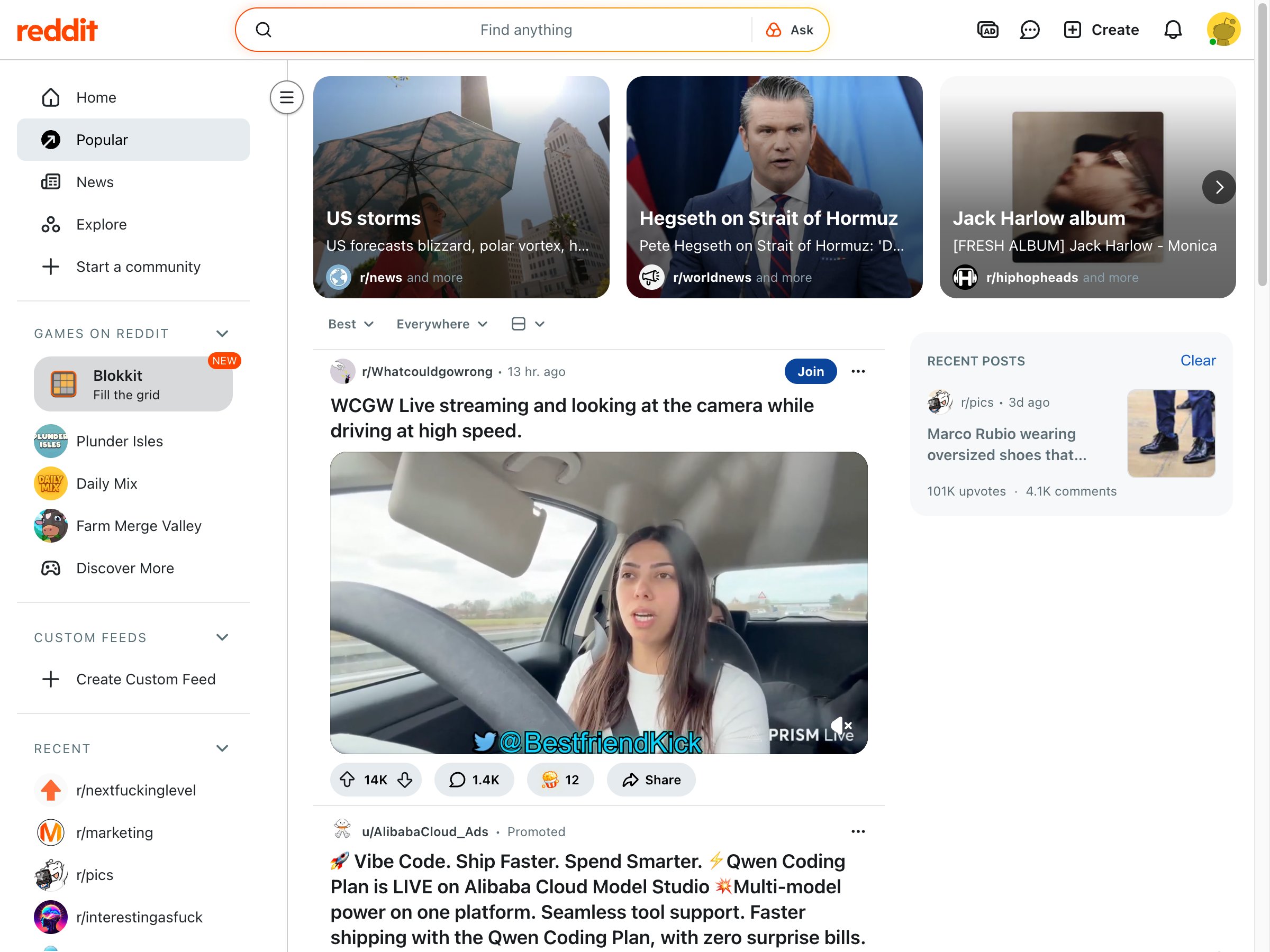 Reddit popular feed showing posts ranked by upvotes and comment engagement