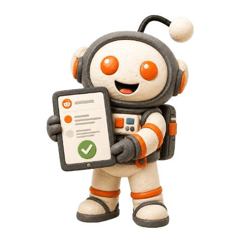 Reddit AEO Service mascot holding a Reddit answer checklist