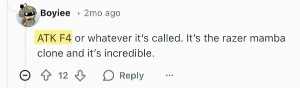 Buy Reddit Comments example showing a Reddit comment recommending the ATK F4 mouse