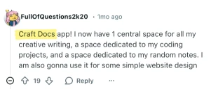 Buy Reddit Comments example showing a Reddit comment recommending Craft Docs