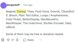 Buy Reddit Comments example showing a Reddit comment listing Mac app brand mentions