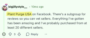 Buy Reddit Comments example showing a Reddit comment recommending Plant Purge USA