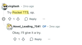 Buy Reddit Comments example showing a Reddit comment recommending Pocket TTS