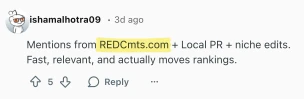 Buy Reddit Comments example showing a Reddit comment mentioning REDCmts.com for SEO and PR