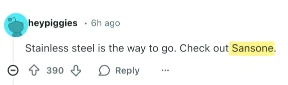 Buy Reddit Comments example showing a Reddit comment with 390 upvotes recommending Sansone