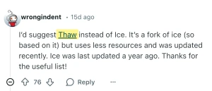 Buy Reddit Comments example showing a Reddit comment recommending Thaw app