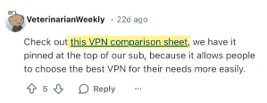 Buy Reddit Comments example showing a Reddit comment recommending a VPN comparison sheet